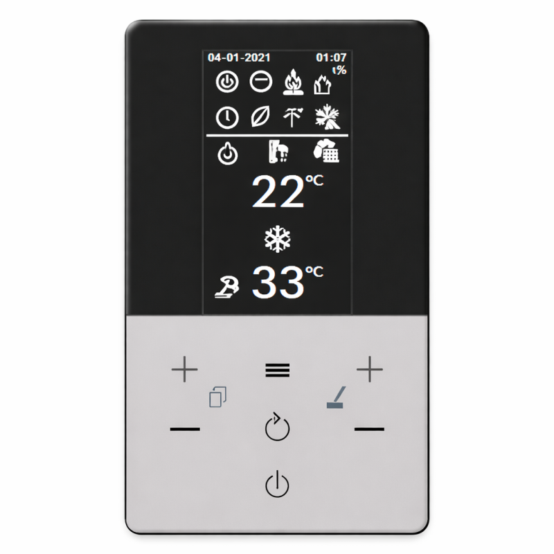 Control inteligente con pantalla táctil avanzada Integra un sistema de control con pantalla Capsense táctil de 2,8”, diseñada para ofrecer una experiencia intuitiva y rápida:  Visualización clara del estado del sistema Ajuste preciso de temperatura y modos Control completo de climatización y ACS Todo el control del confort de tu hogar en un solo panel.